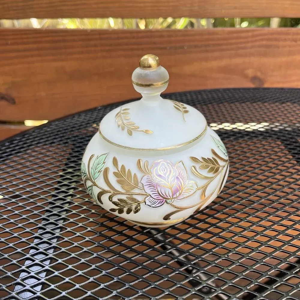 Vintage French Country Rose Jewelry Covered Trinket Dish Frosted Glass Goldleaf